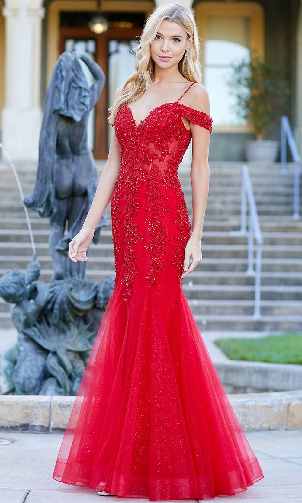 Adora Design 3005 - Mermaid Skirt Beaded Applique Prom Dress Bridesmaid Dresses in Red  