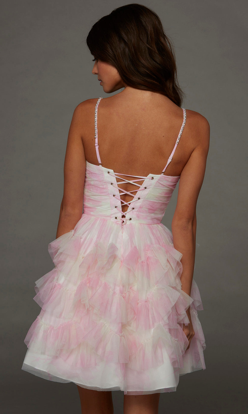 Alyce Paris 30092 - Printed Deep V-Neck Ruffle Mini Dress Special Occasion Dress in Pink  