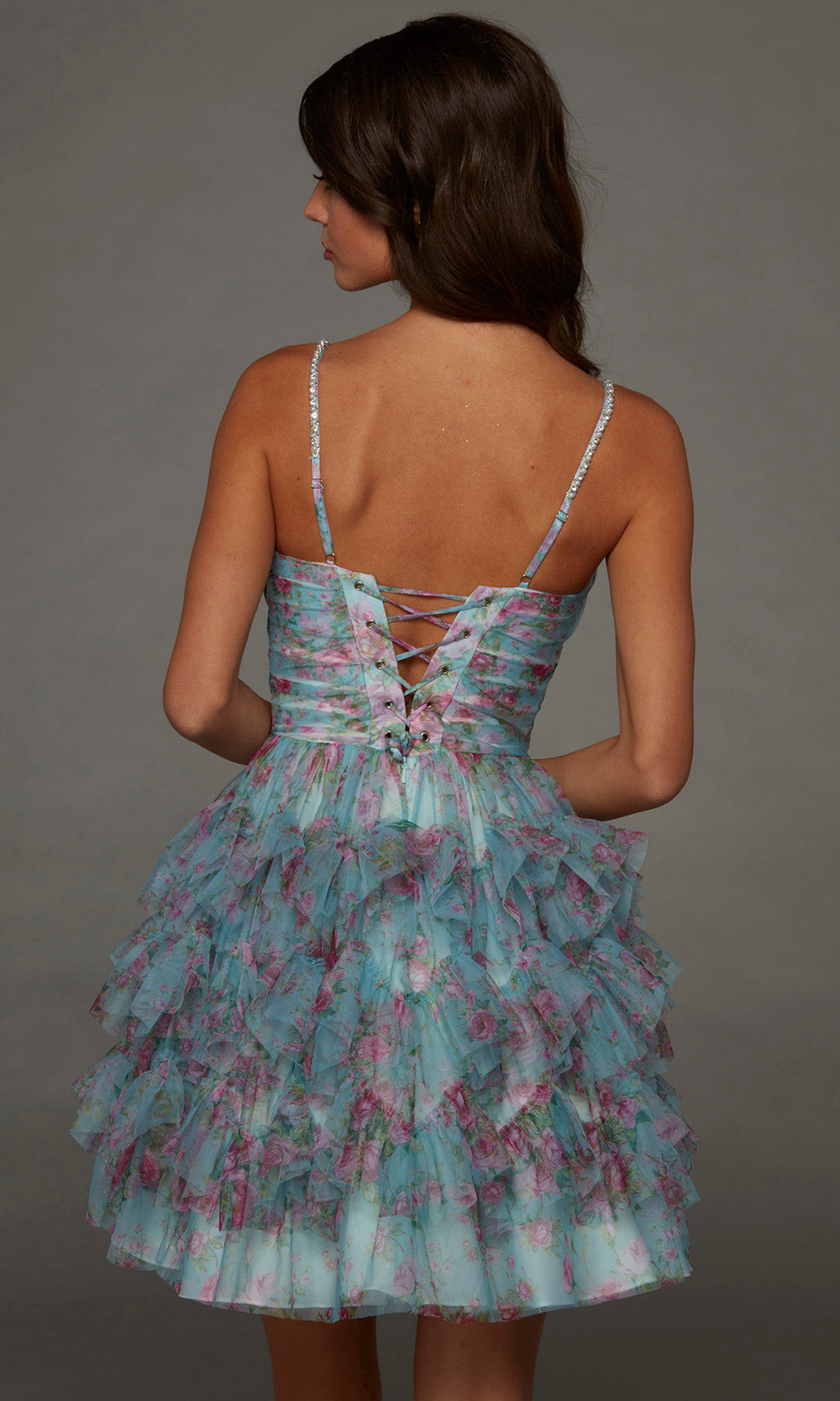 Alyce Paris 30092 - Printed Deep V-Neck Ruffle Mini Dress Special Occasion Dress in Blue  