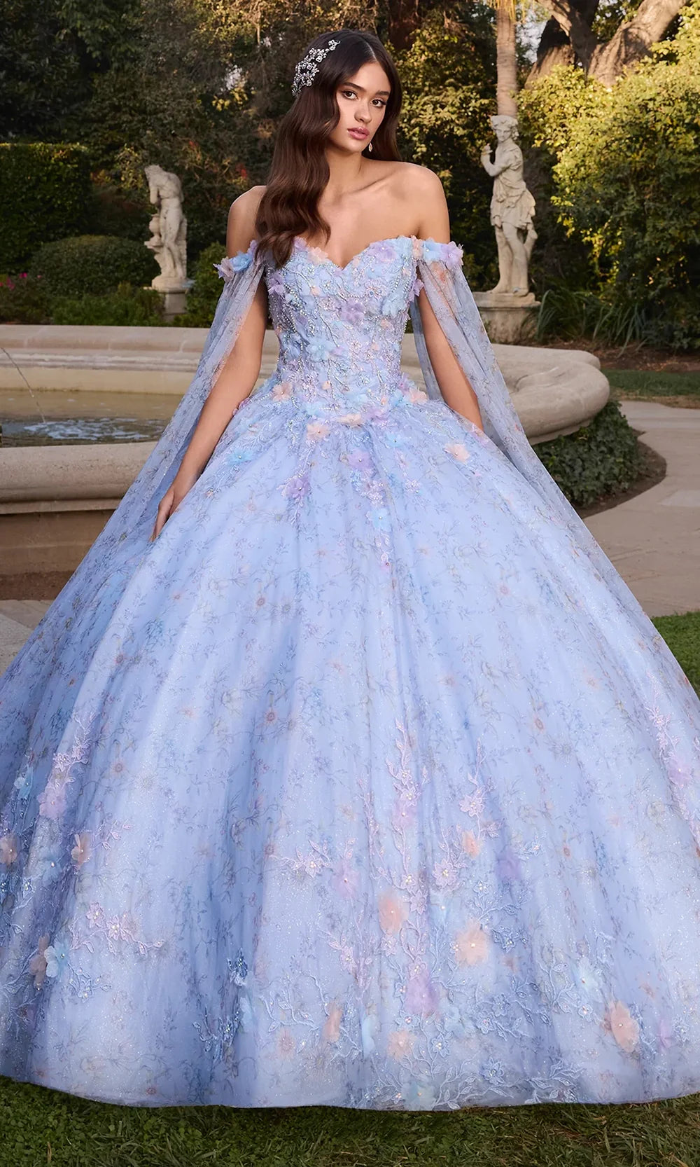 Ashley Lauren 30108 - Long Organza Ballgown Dress - 3D Floral Accent, Embroidery, Beaded, Removable Off-Shoulder Cape, Lace-Up Back 8 / Sky Ashley Lauren 30108 - Long Organza Ballgown Dress - 3D Floral Accent, Embroidery, Beaded, Removable Off-Shoulder Cape, Lace-Up Back 8 / Sky