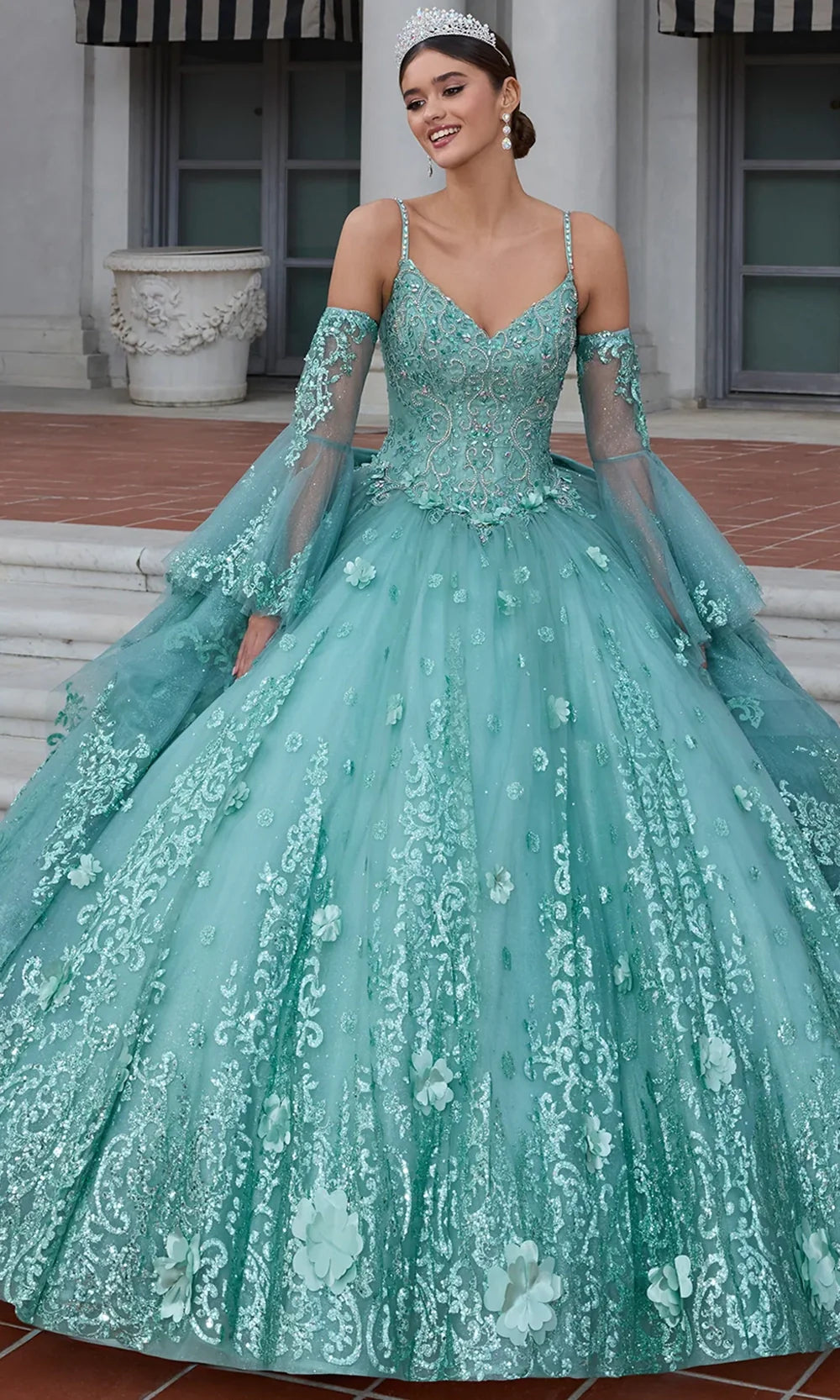 Ashley Lauren 30112 - Spaghetti Strap Glitter Lace Applique Gown Quinceanera Dresses