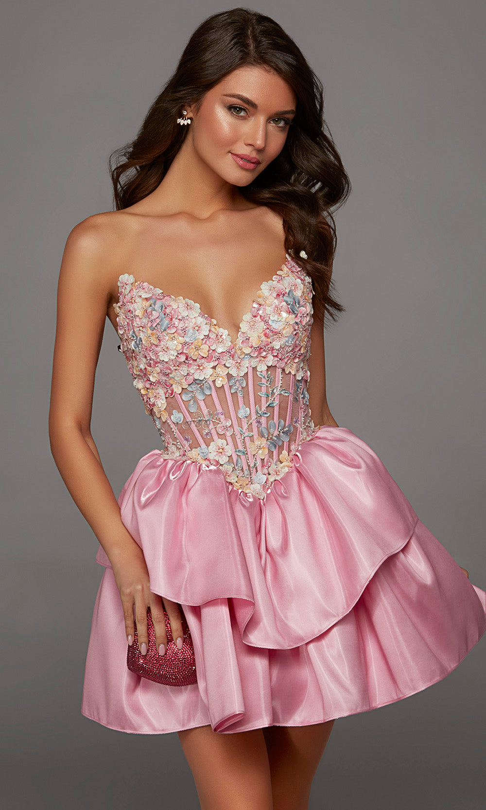 Alyce Paris 30114 - Deep V-Neck Floral Embellished Short Dress Special Occasion Dress in Pink  