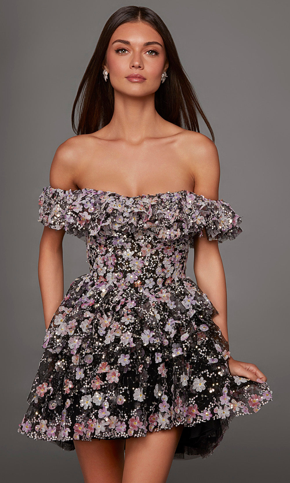 Alyce Paris 30115 - Floral Ornate Ruffle A-Line Dress Special Occasion Dress in Black and Multi