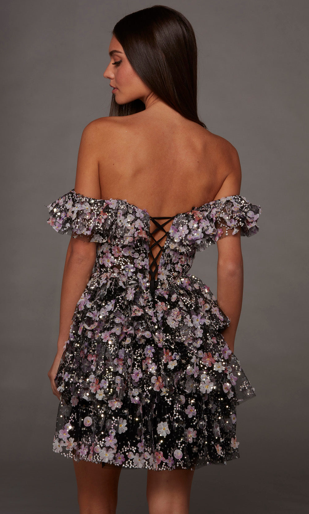 Alyce Paris 30115 - Floral Ornate Ruffle A-Line Dress Special Occasion Dress in Black and Multi
