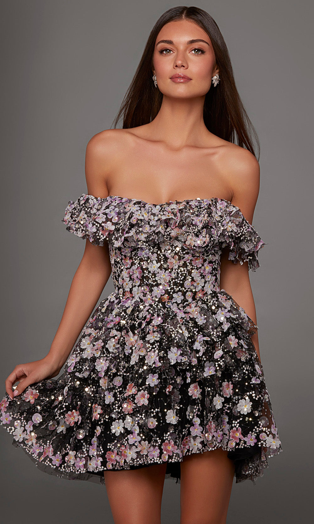 Alyce Paris 30115 - Floral Ornate Ruffle A-Line Dress Special Occasion Dress in Black and Multi