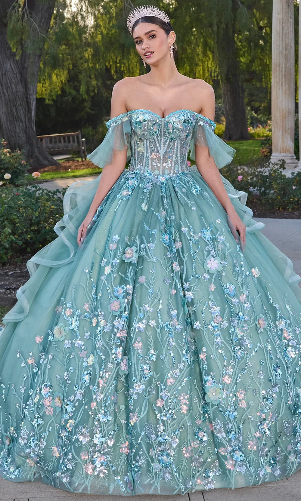 Ashley Lauren 30120 - Off Shoulder Floral Appliqued Ruffle Gown Ball Gowns