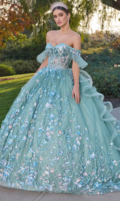 Ashley Lauren 30120 - Off Shoulder Floral Appliqued Ruffle Gown Ball Gowns