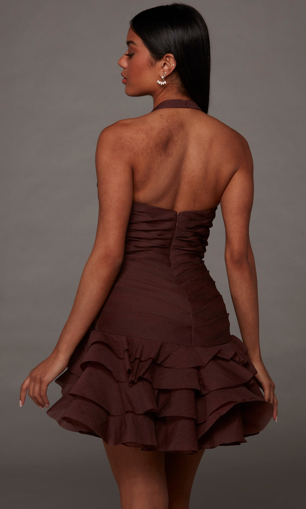 Alyce Paris 30127 - Halter Strap Ruffle A-Line Dress Cocktail Dresses in Brown  