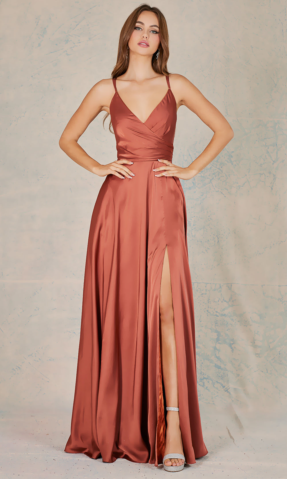 Adora Design 3013 - High Slit Surplice Neckline Prom Dress Bridesmaid Dresses in Sienna  