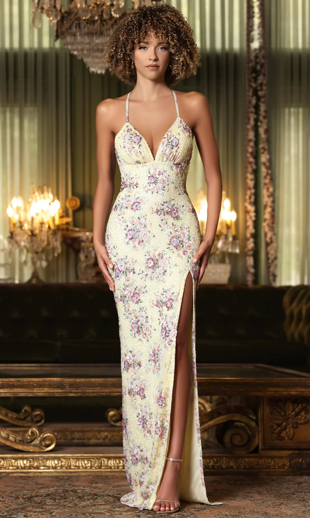 Chandalier 30267 - Fitted Floral Evening Dress with Slit Prom Dresses