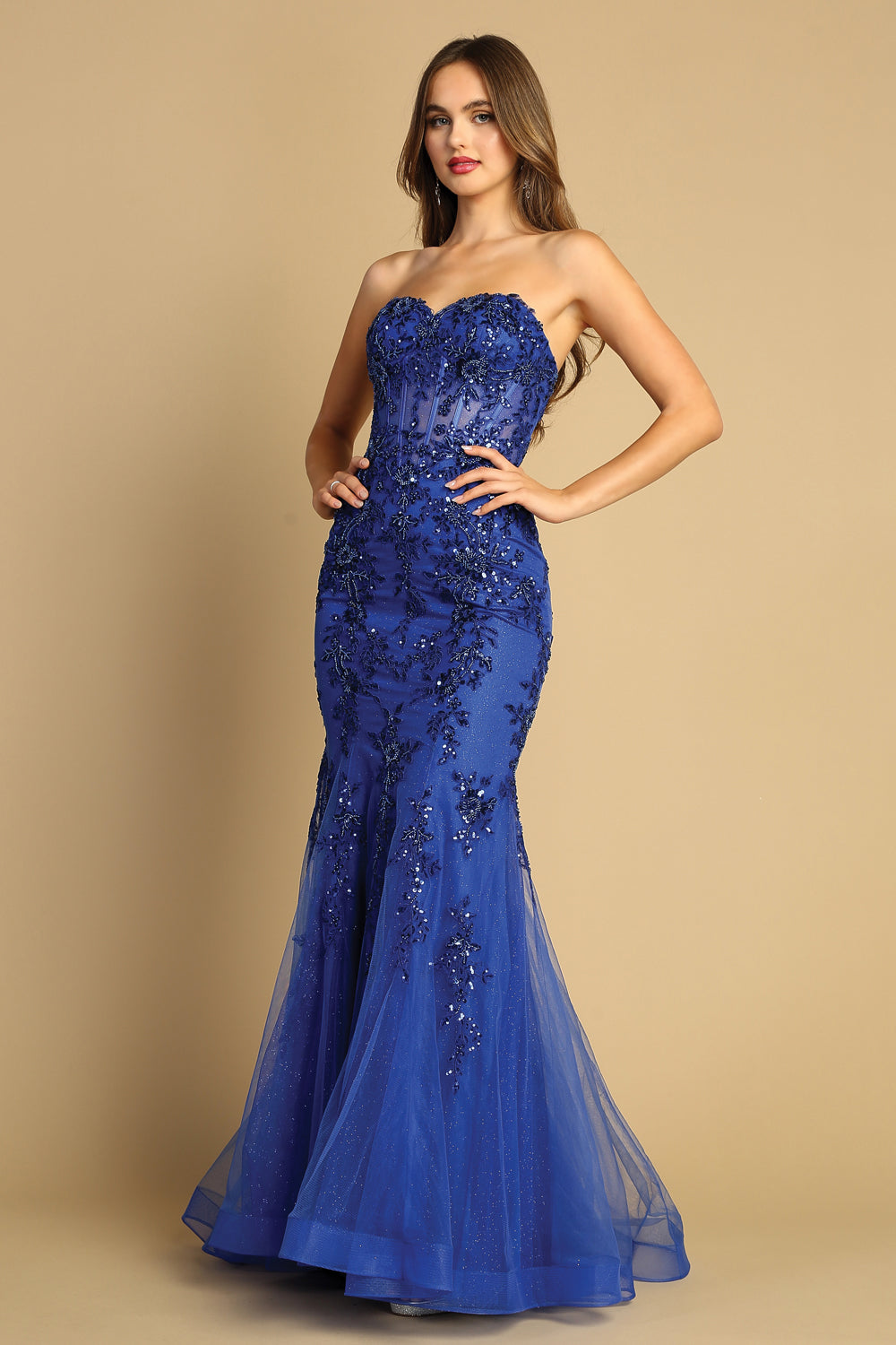 Adora Design 3080 - Strapless Illusion Corset Embellished Dress Prom Dresses in Blue  