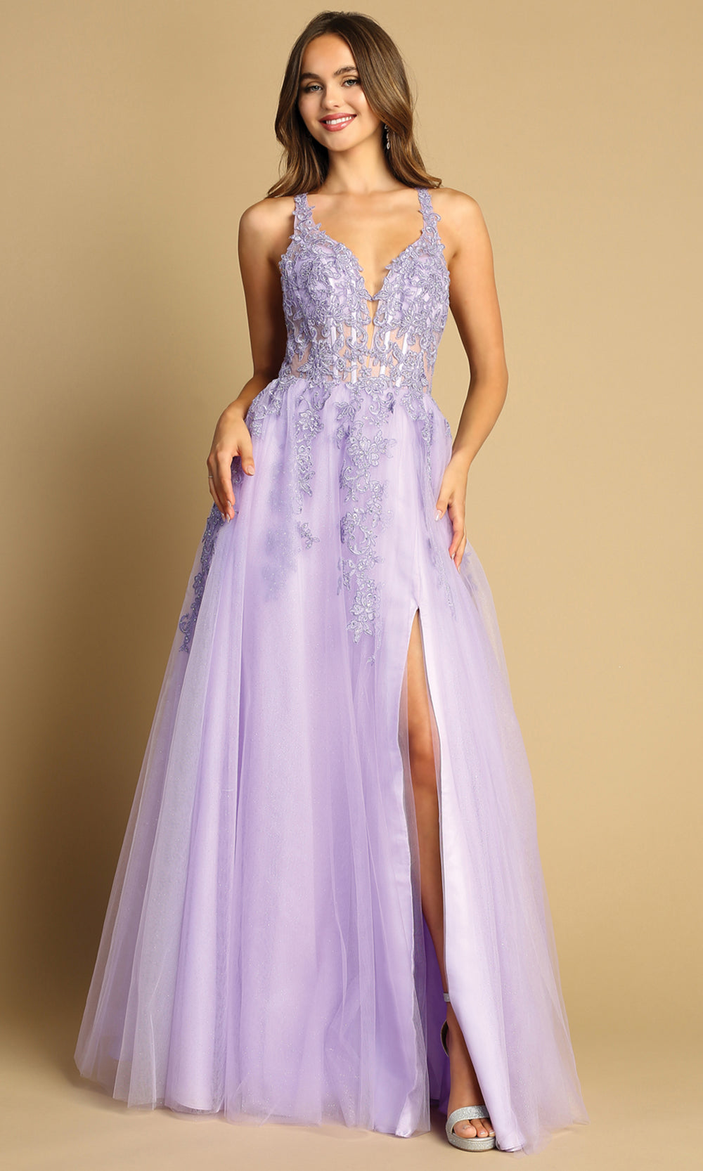 Adora Design 3088 - Crisscross Back Embroidered Long Dress Prom Dresses in Purple  