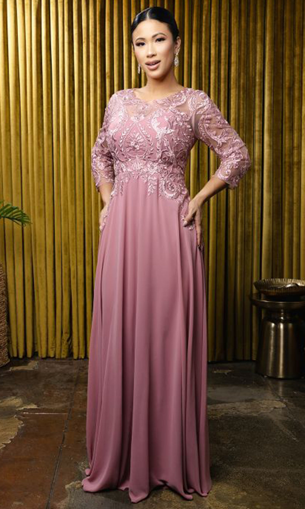 May Queen MQ2210 - Jewel Neck Lace Bodice Formal Gown