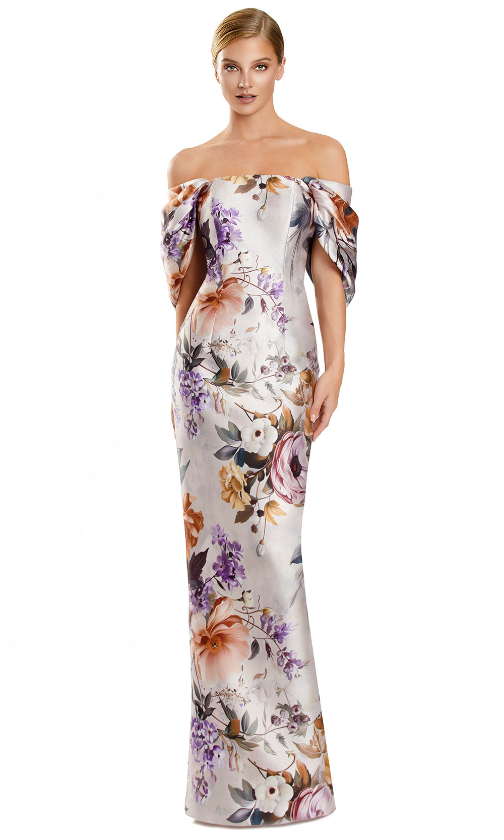 Alexander by Daymor 3104F25 - Off Shoulder Floral Slit Column Gown