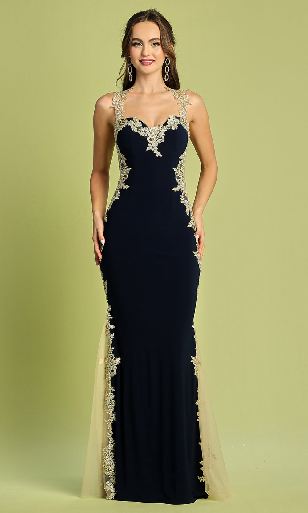 Adora Design 3115 - Cutout Back Embroidered Applique Fitted Dress Prom Dresses in Blue Gold 