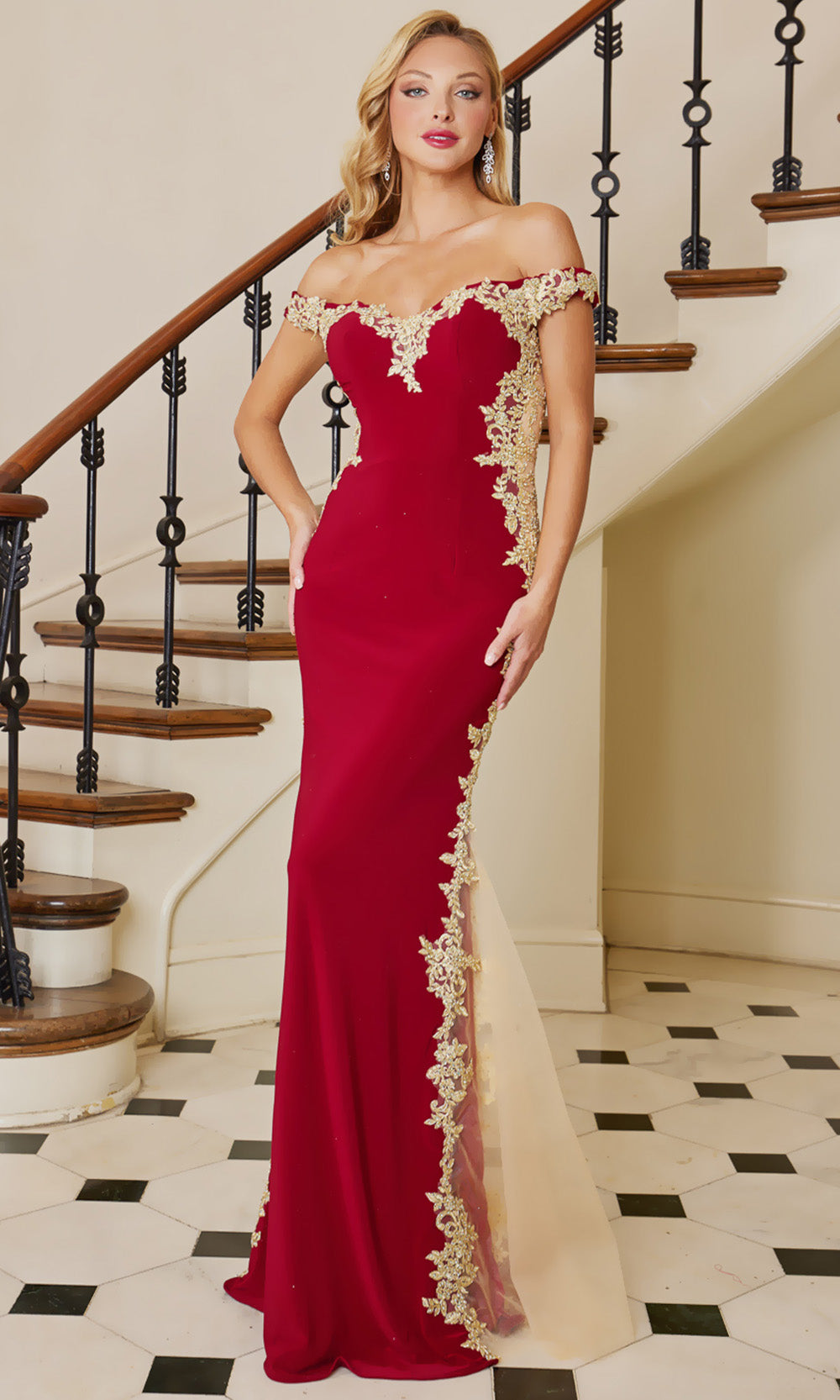 Adora Design 3117 - Off Shoulder Embroidered Dress with Illusion Sides Prom Dresses in Red Gold 