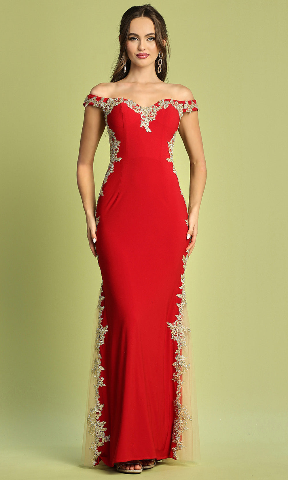 Adora Design 3117 - Off Shoulder Embroidered Dress with Illusion Sides Prom Dresses in Red Gold 