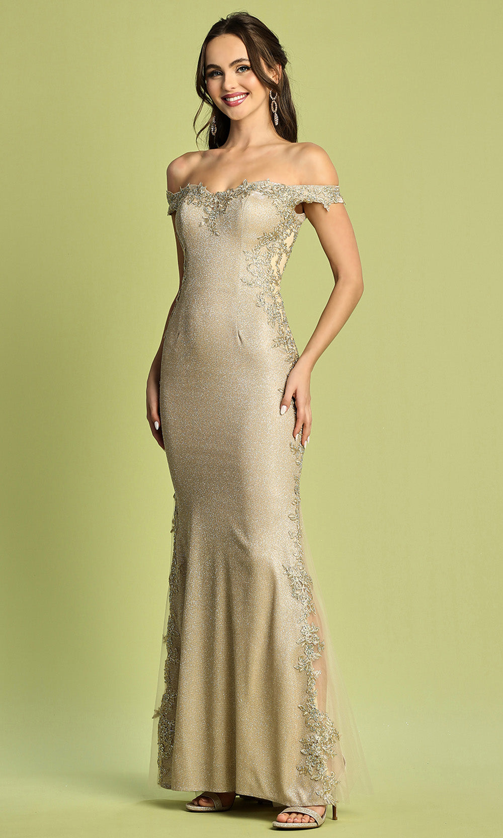 Adora Design 3118 - Off Shoulder Floral Lace Applique Dress Prom Dresses in Neutral  