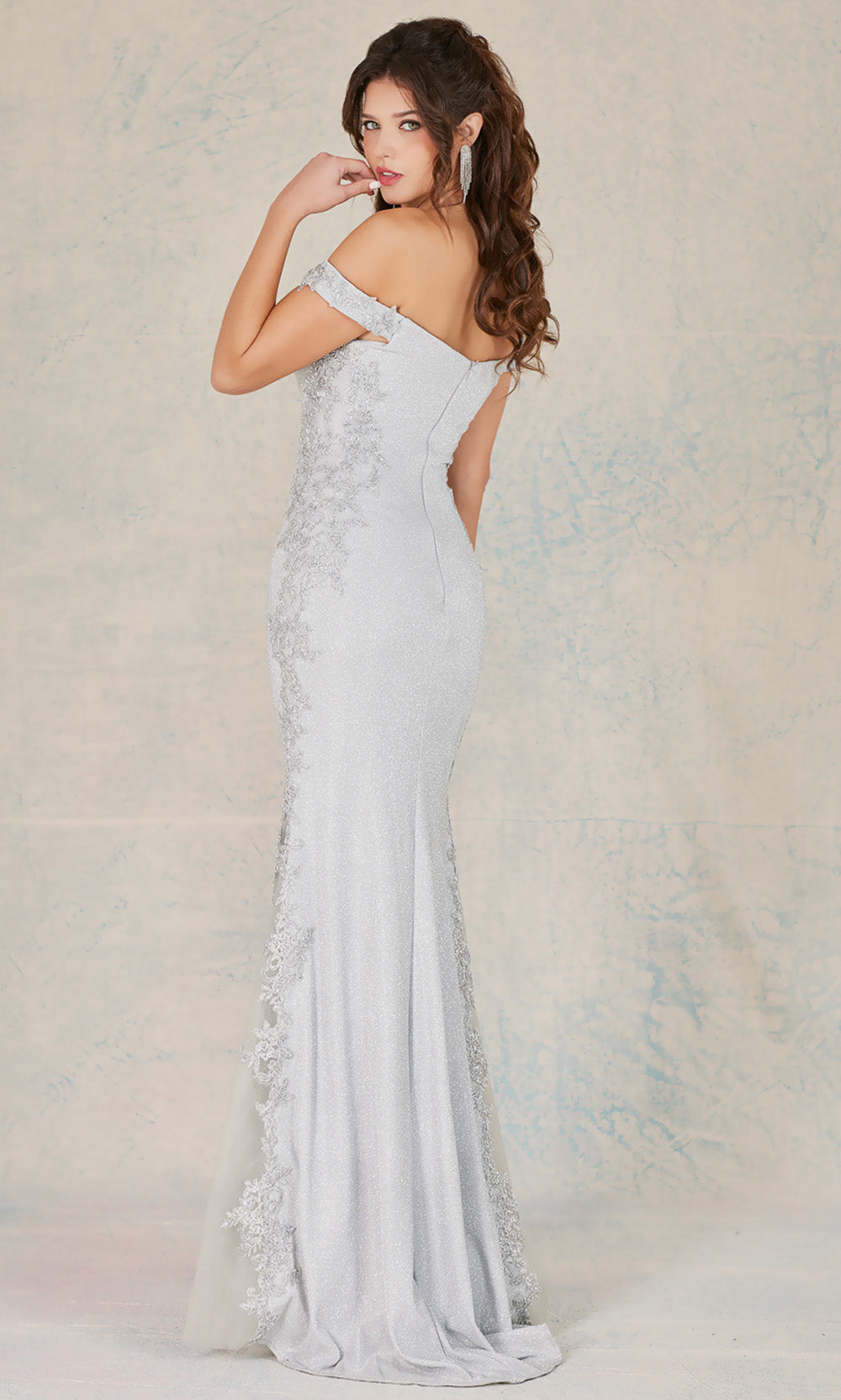Adora Design 3118 - Off Shoulder Floral Lace Applique Dress Prom Dresses in Silver  