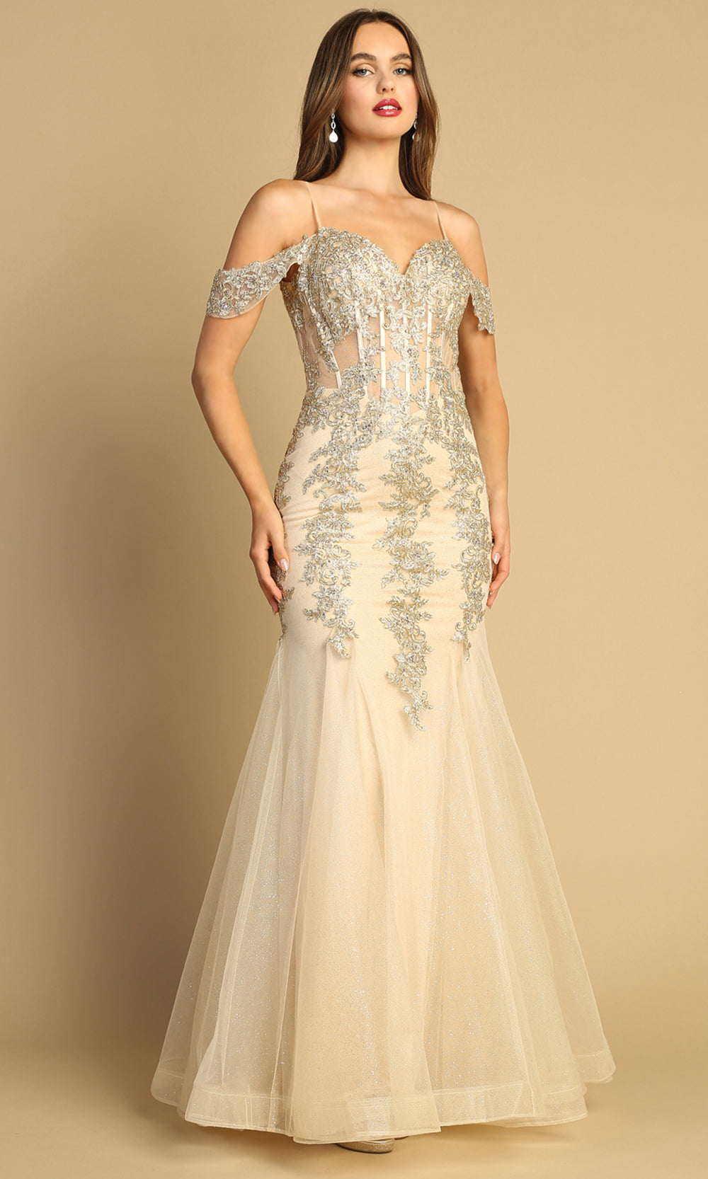 Adora Design 3156 - Cold Shoulder Sweetheart Applique Dress Evening Dresses in Neutral  