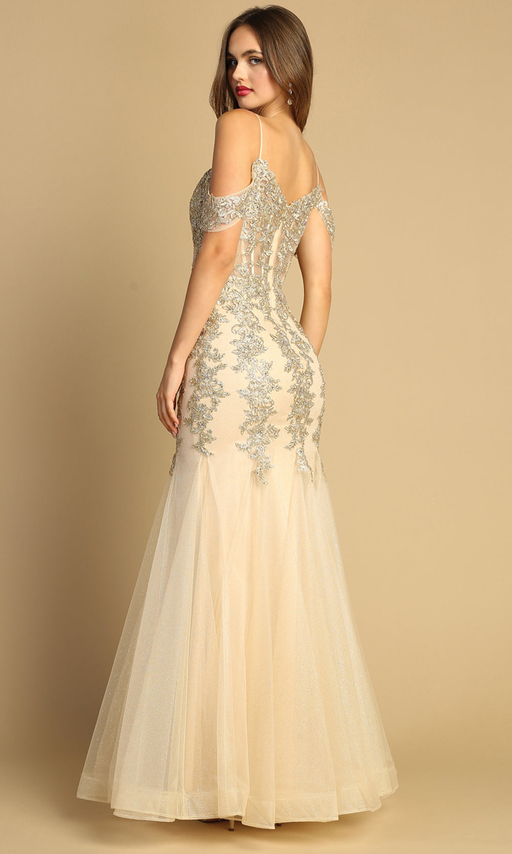 Adora Design 3156 - Cold Shoulder Sweetheart Applique Dress Evening Dresses in Neutral  