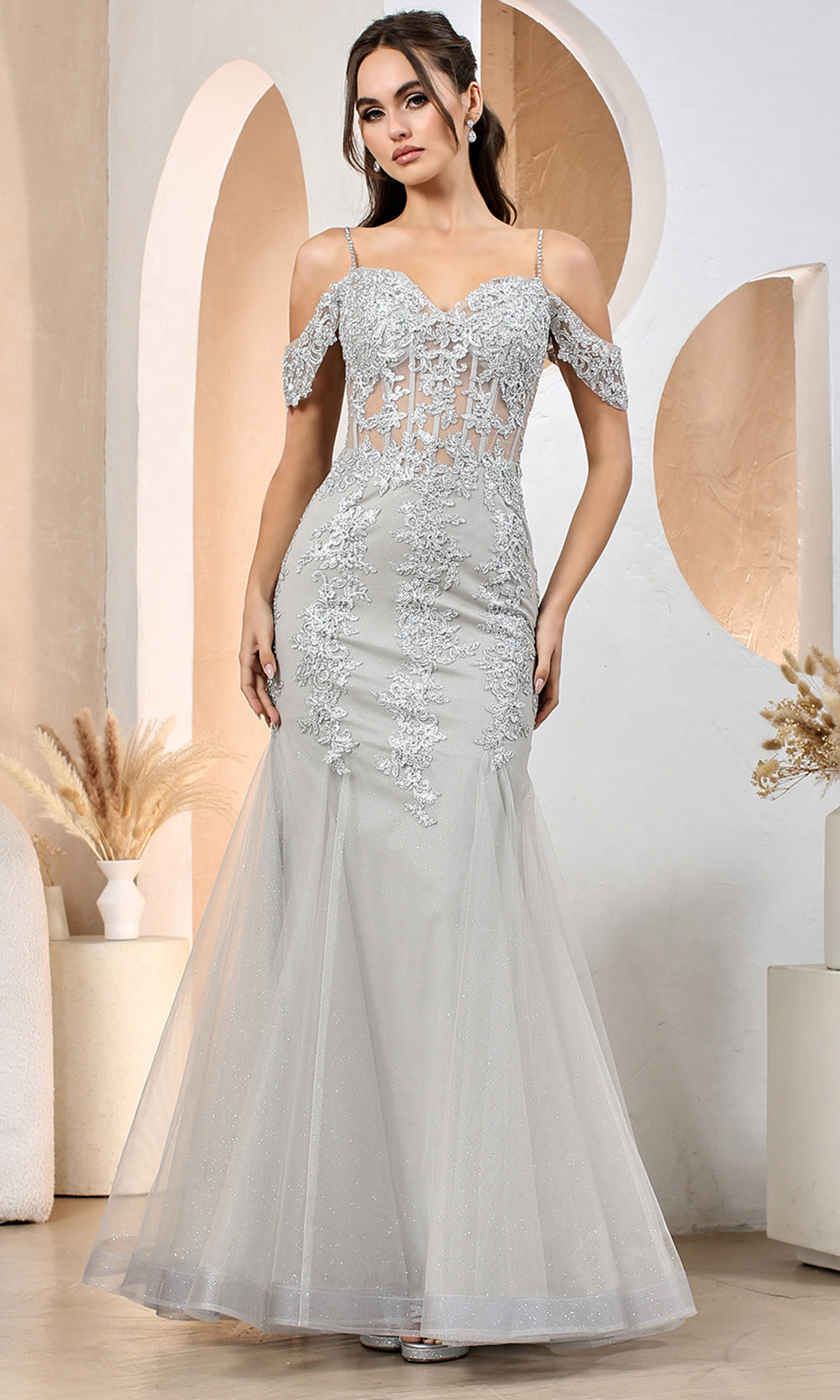 Adora Design 3156 - Cold Shoulder Sweetheart Applique Dress Evening Dresses in Silver  