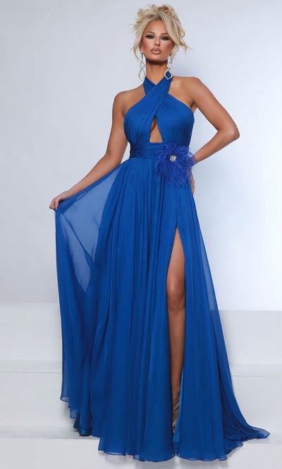 Johnathan Kayne 3161 - Halter A-Line Gown with Feather Brooch Formal Gowns
