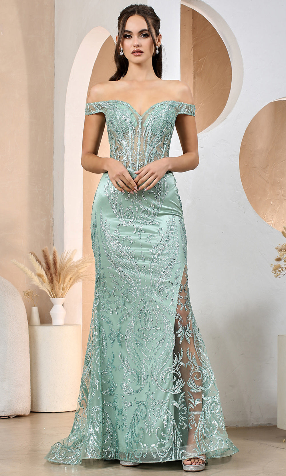 Adora Design 3168 - Off Shoulder Sparkle Mermaid Dress Evening Dresses in Green  