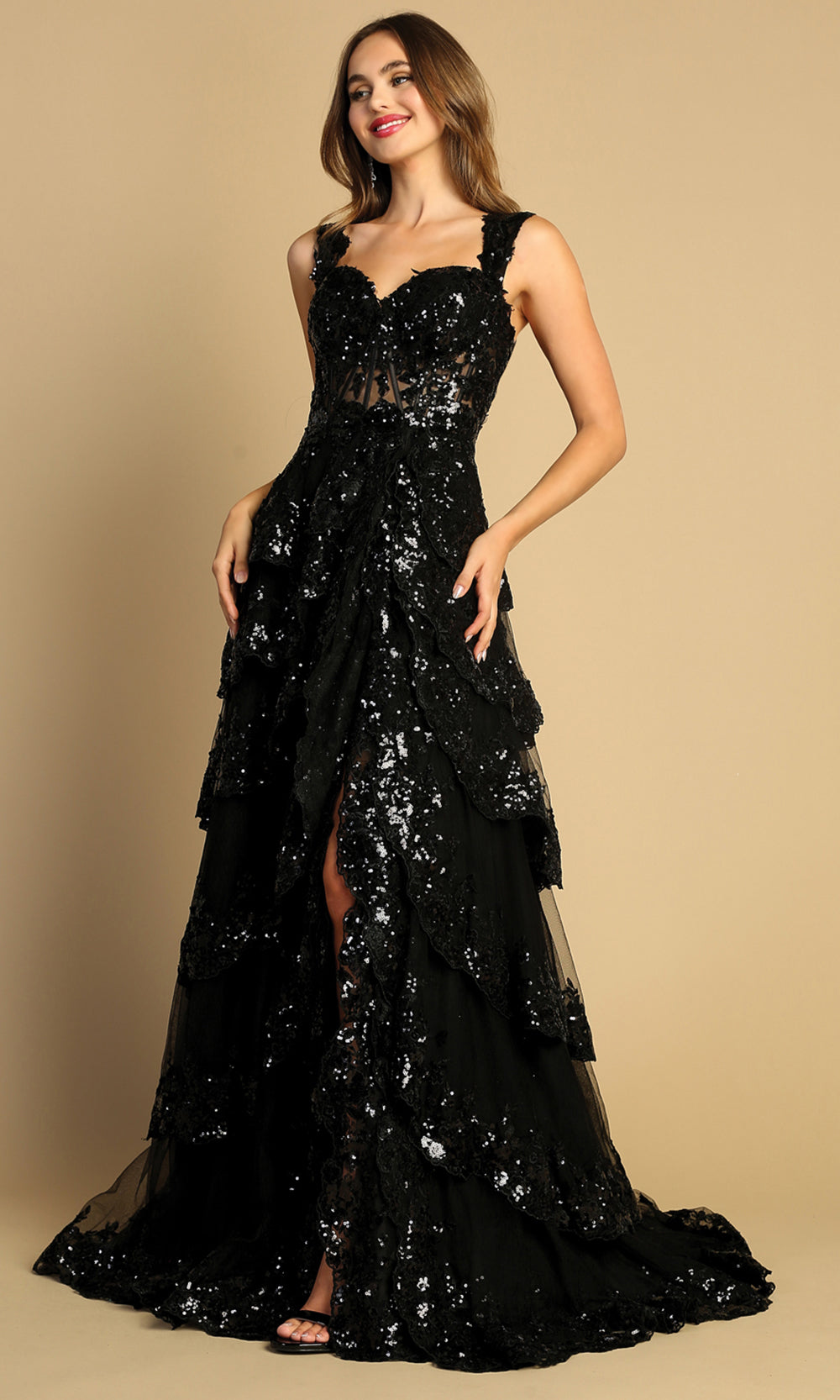 Adora Design 3174 - Wide Strap Tiered Evening Dress Prom Dresses in Black  