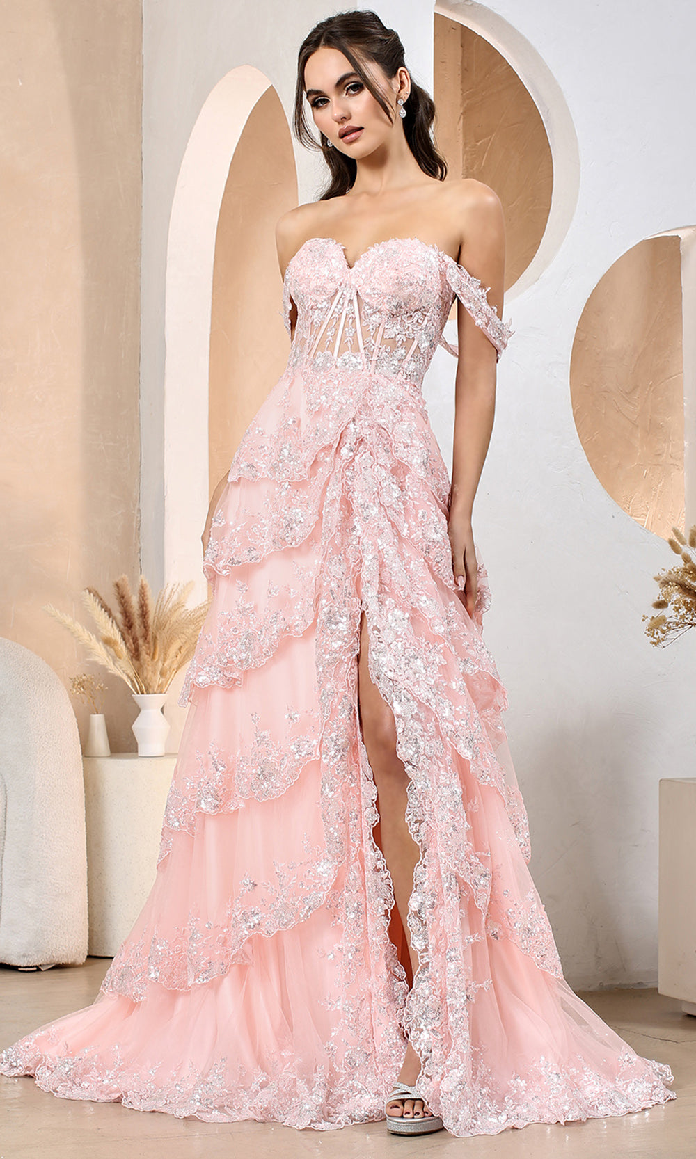Adora Design 3174 - Wide Strap Tiered Evening Dress Prom Dresses in Pink  