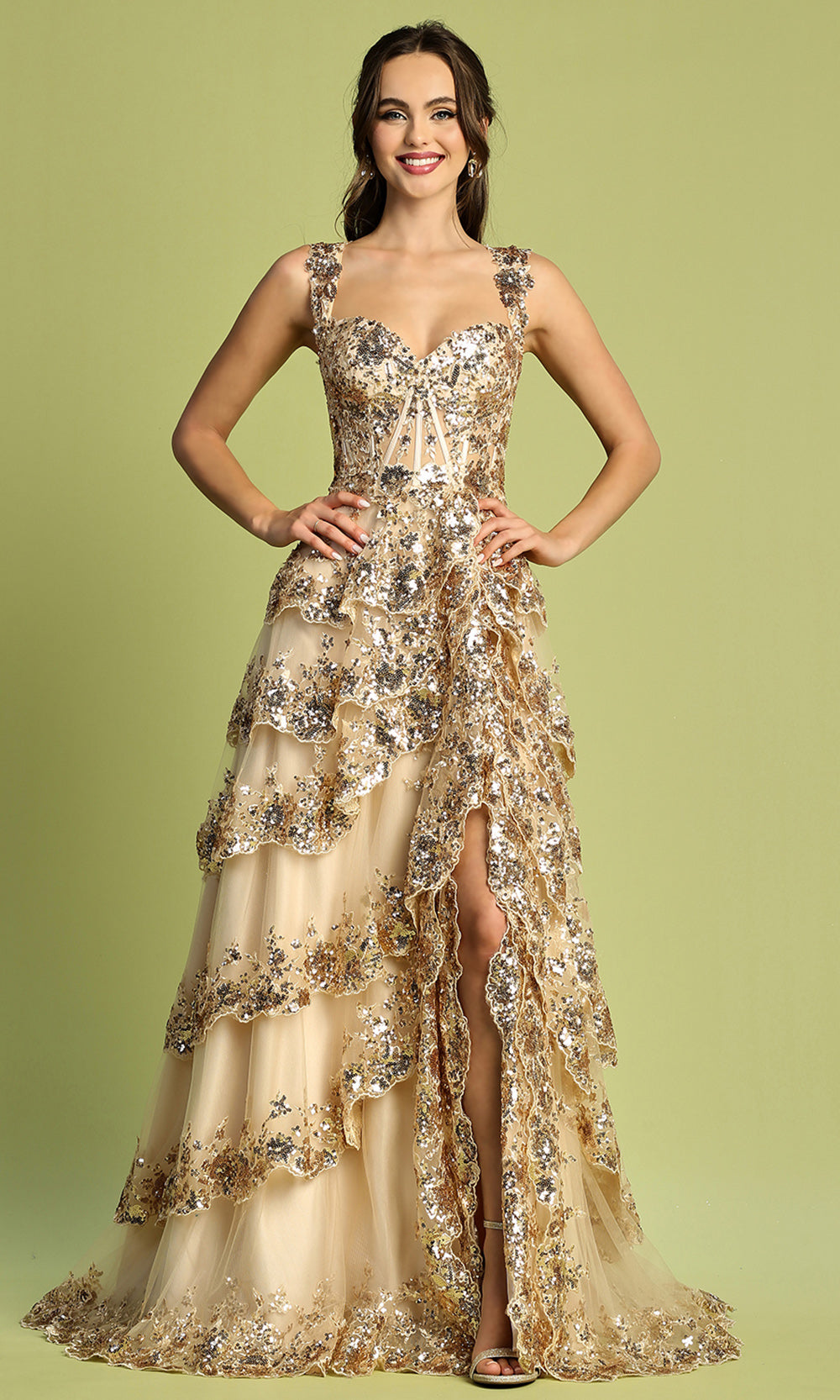 Adora Design 3174 - Wide Strap Tiered Evening Dress Prom Dresses in Neutral  