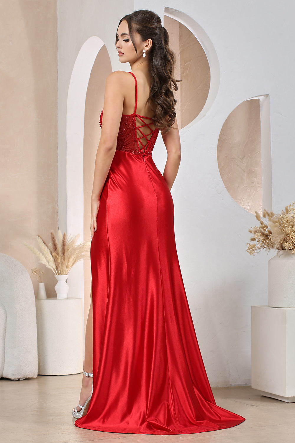 Adora Design 3190 - Plunging Neckline Lace-Up Evening Dress Prom Dresses in Red  