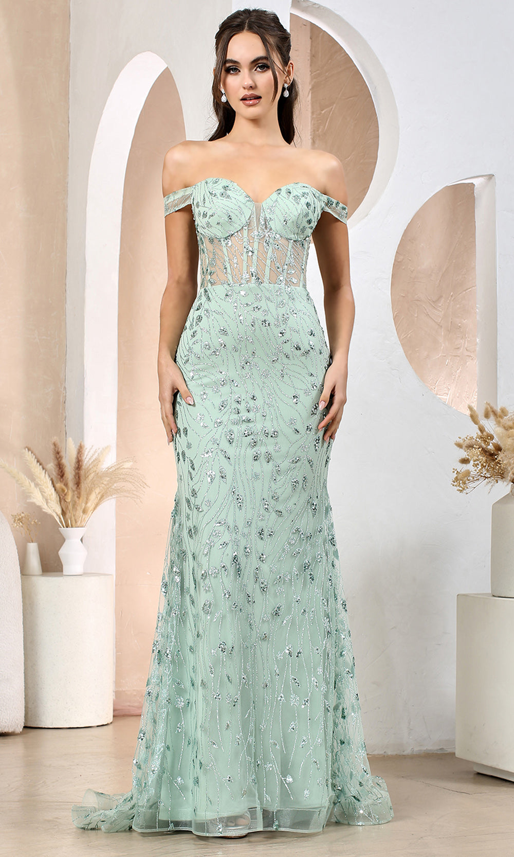 Adora Design 3198 - Off Shoulder Sparkle Sheath Dress Prom Dresses in Green  