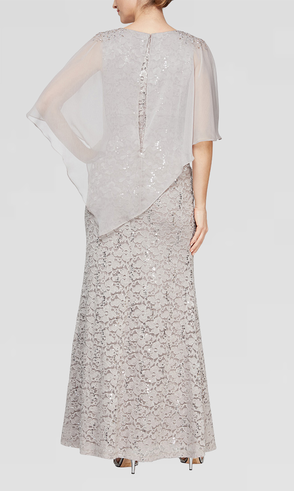 S.L. Fashions 9113121 - Long 97% Polyester 3% Spandex Sheath Dress - Beaded Shoulders, Asymmetric Overlay, Floral Lace, Fully Back ADASA S.L. Fashions 9113121 - Long 97% Polyester 3% Spandex Sheath Dress - Beaded Shoulders, Asymmetric Overlay, Floral Lace, Fully Back ADASA