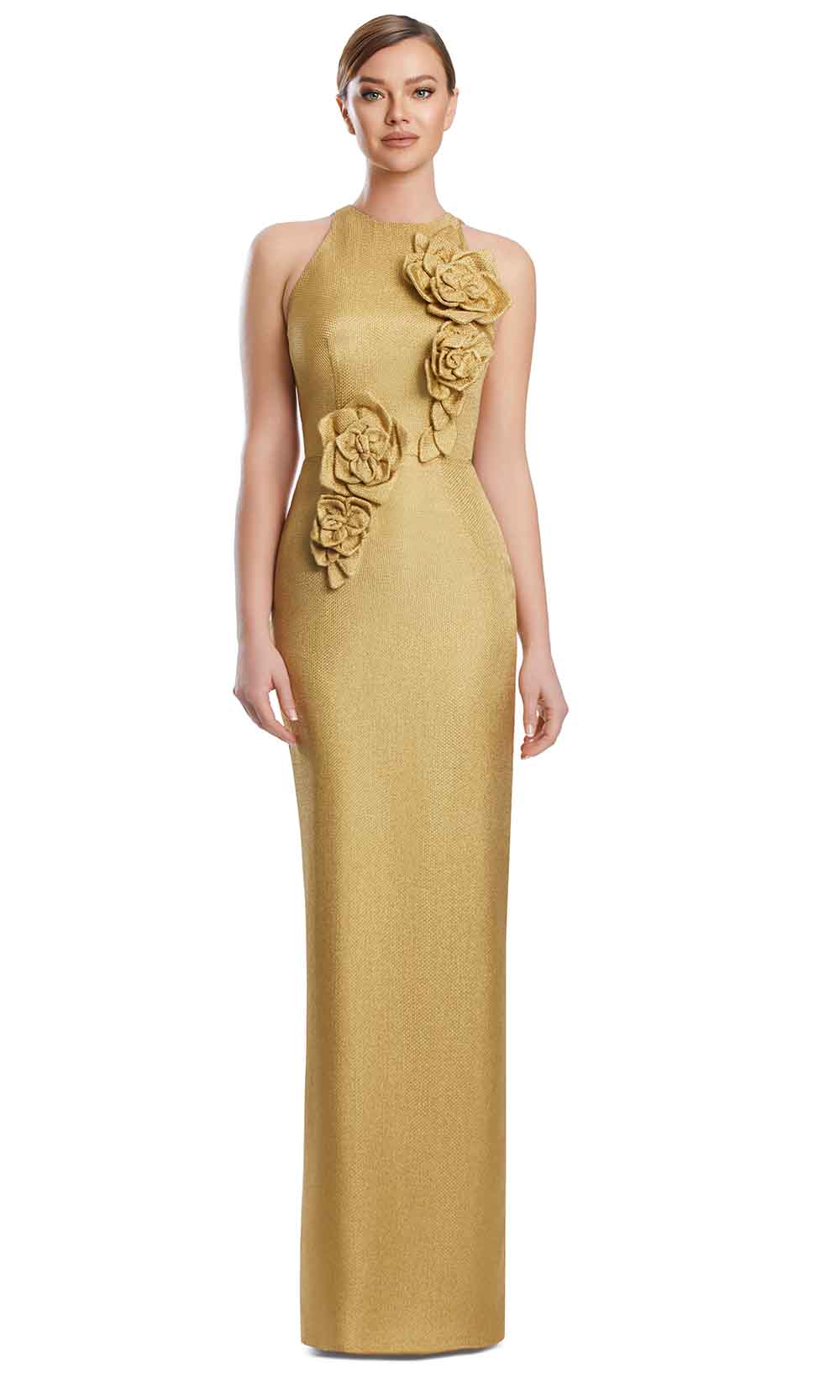 Alexander by Daymor 3200S26 - Floral Applique Halter Gown In Gold