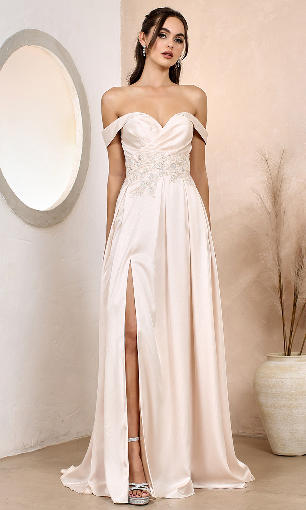 Adora Design 3200 - Embellished A-Line Formal Dress with Slit Bridesmaid Dresses in Neutral  
