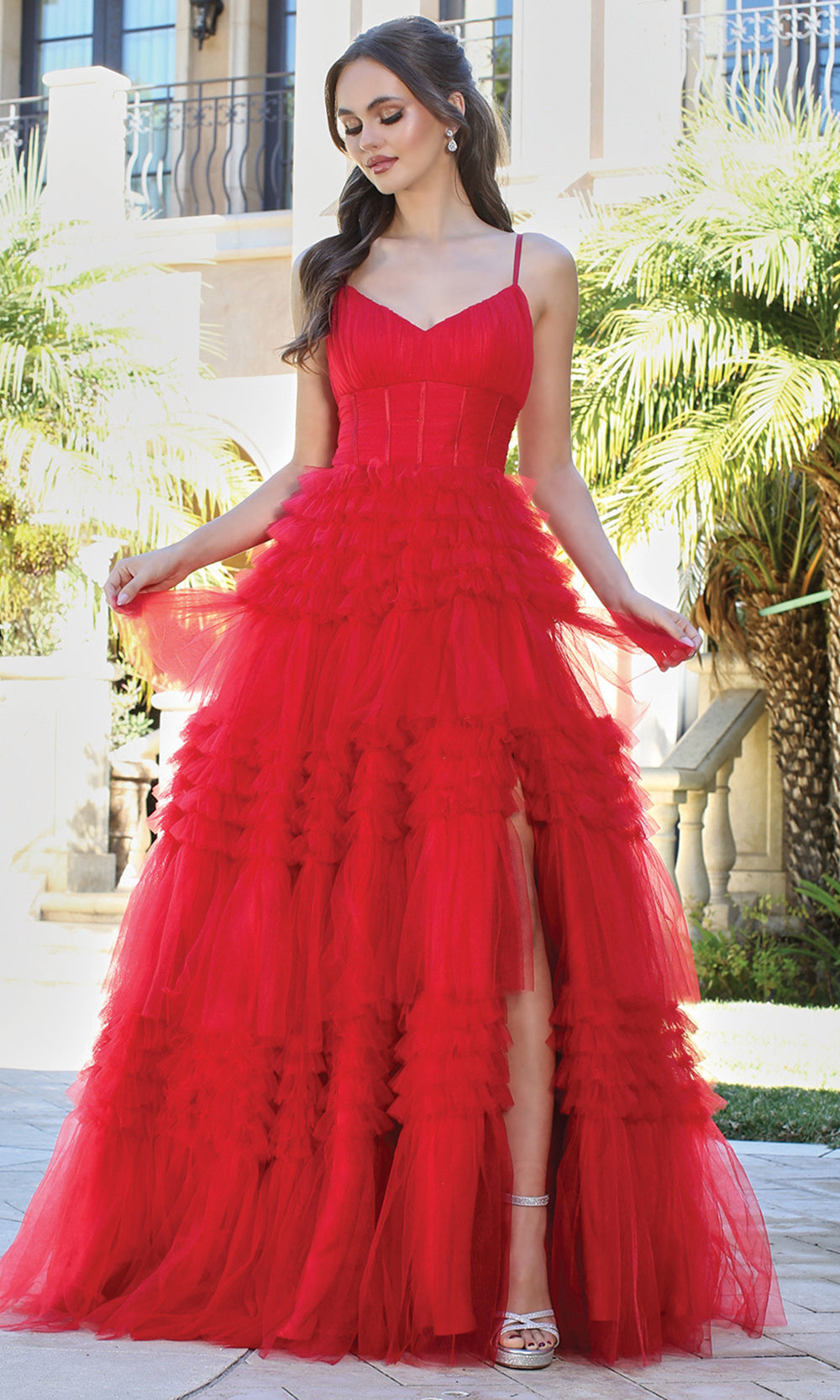 Adora Design 3202 - V-Neckline Tiered Ruffle Prom Gown Prom Dresses in Red  