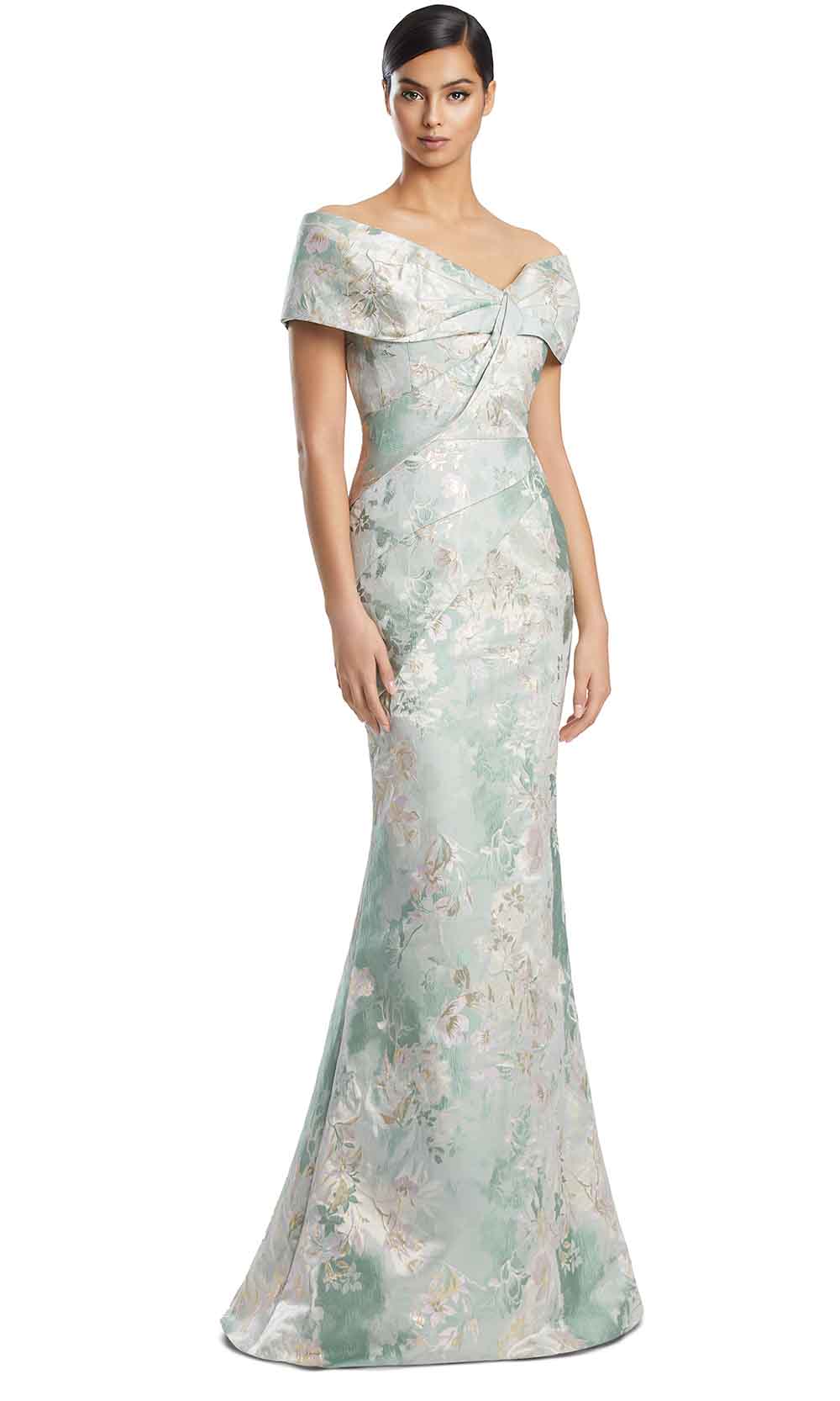 Alexander by Daymor 3203S26 - Off Shoulder Jacquard Gown In Hint of Mint