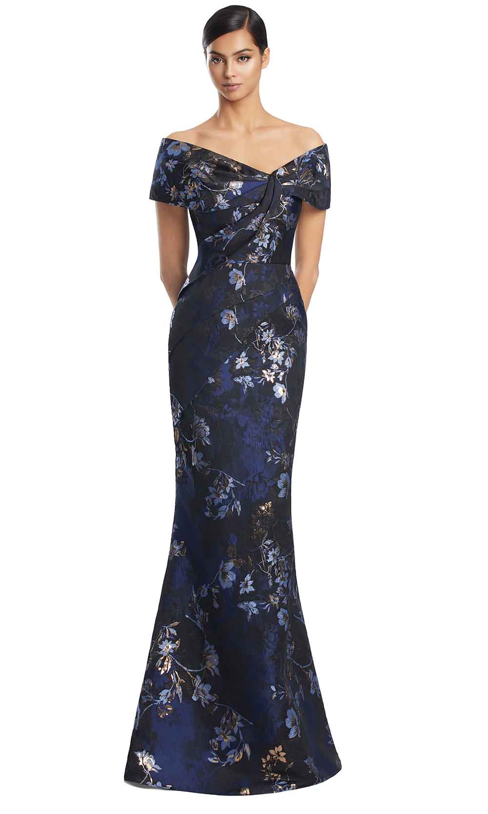 Alexander by Daymor 3203S26 - Off Shoulder Jacquard Gown In Navy Gold Multi