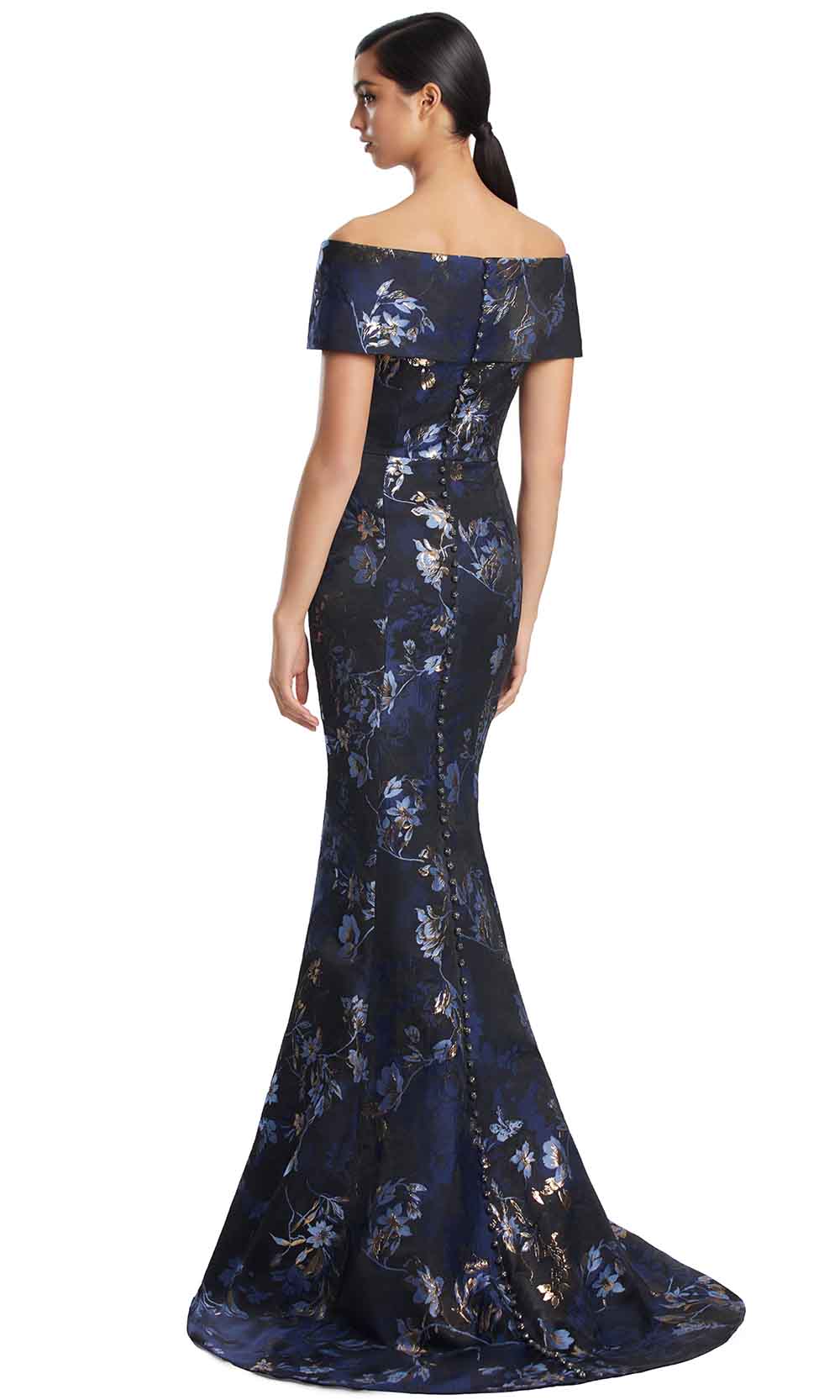 Alexander by Daymor 3203S26 - Off Shoulder Jacquard Gown In Navy Gold Multi
