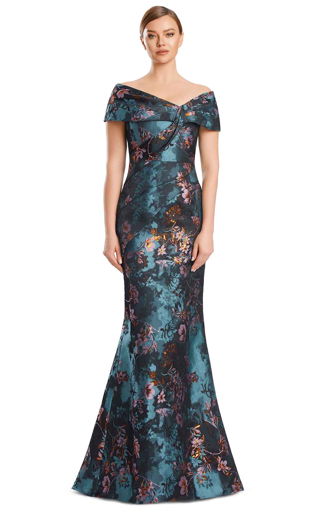 Alexander by Daymor 3203S26 - Off Shoulder Jacquard Gown In TealFrost Copprt Multi