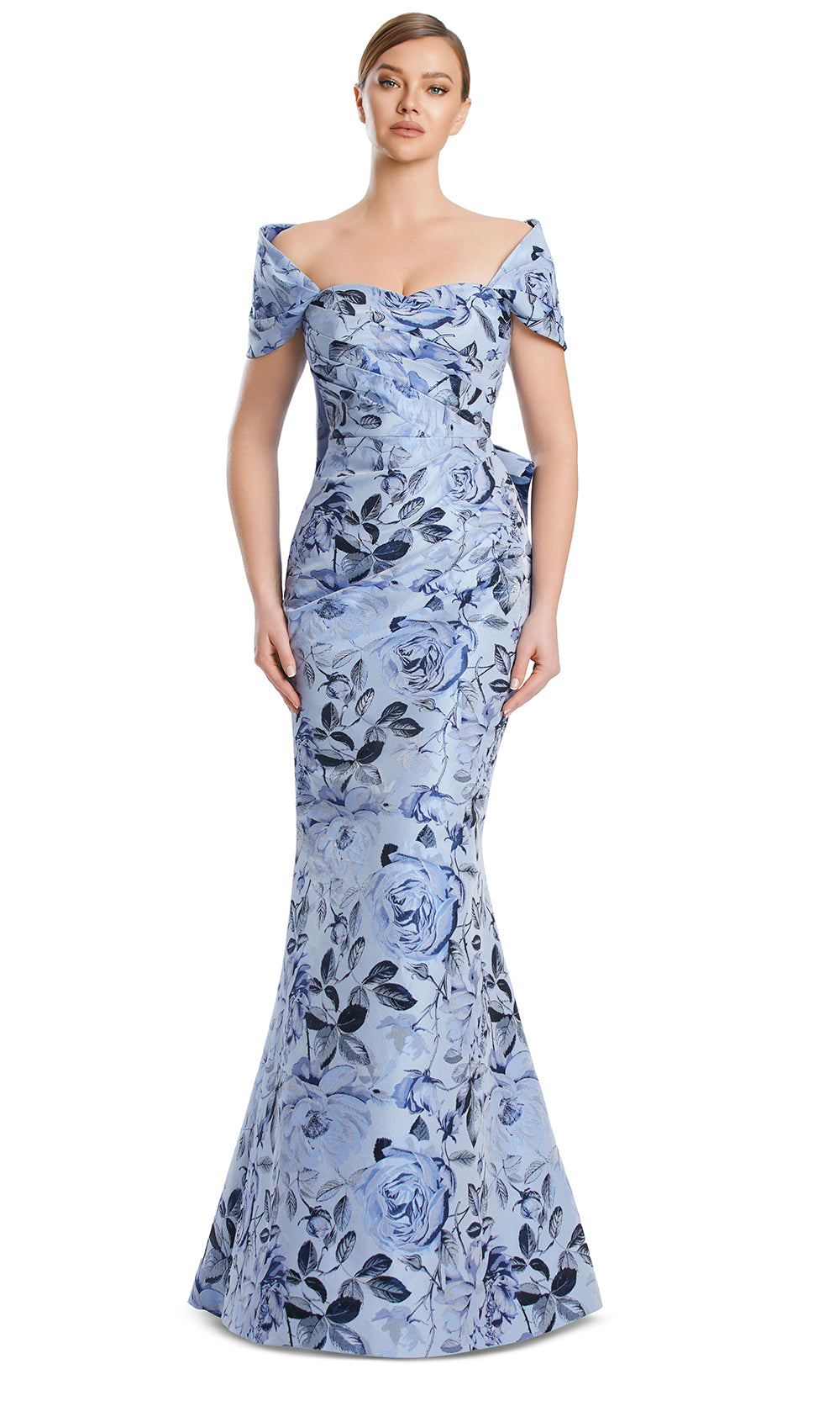 Alexander by Daymor 3206S26 - Off Shoulder Floral Gown In Ice Blue Multi