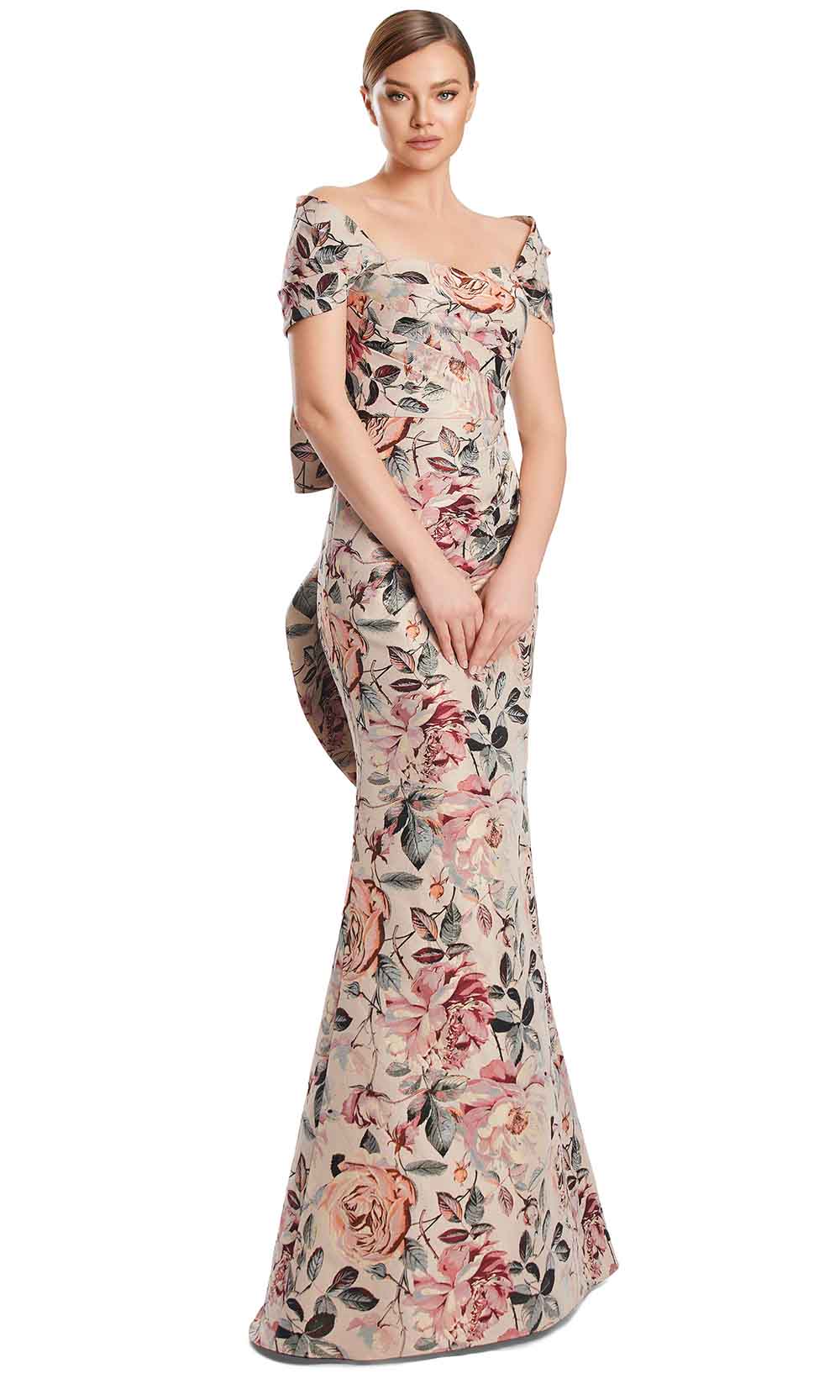 Alexander by Daymor 3206S26 - Off Shoulder Floral Gown In Peach Multi