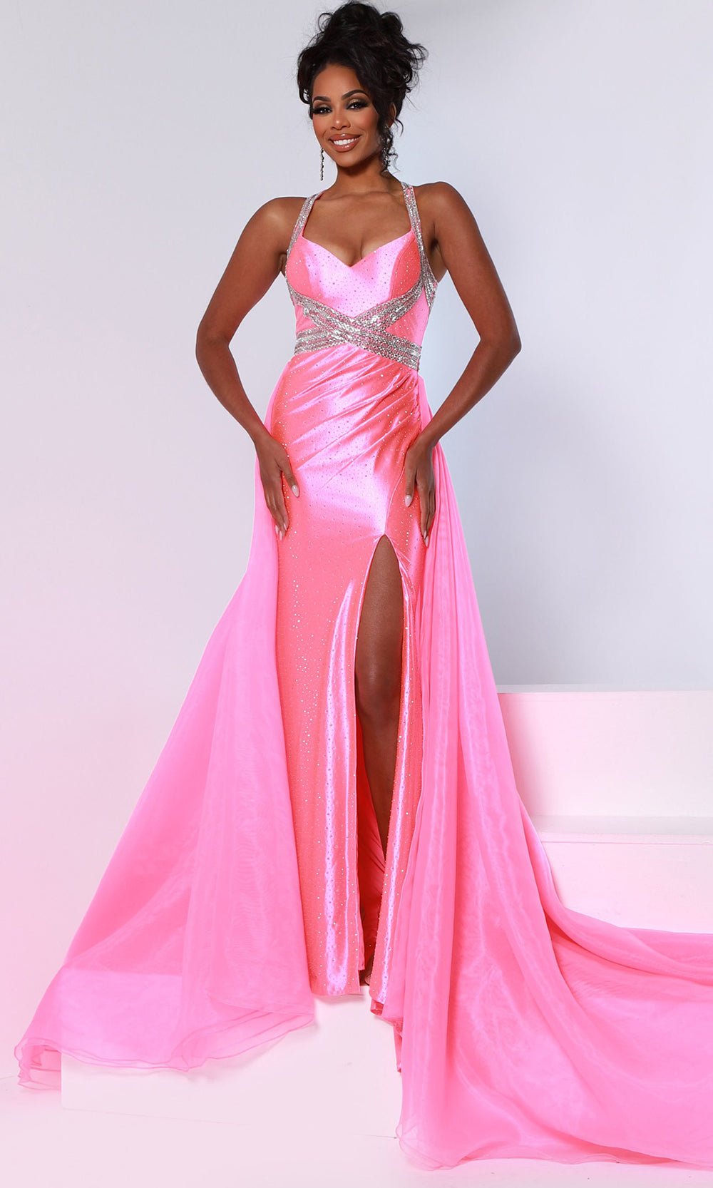 Johnathan Kayne 3206 - Long Shiny 4 Way Stretch Lycra, Stretch Lining, Poly Organza Sheath Dress