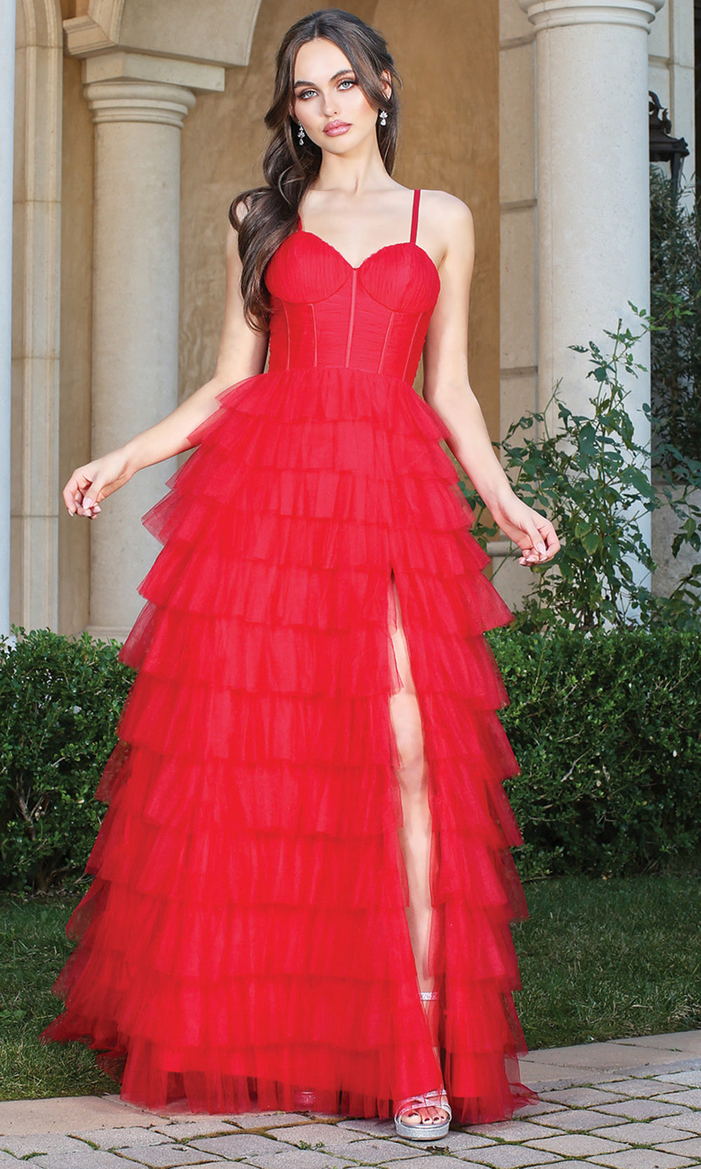 Adora Design 3209 - Corset Detail Sweetheart Ballgown with Ruffles Prom Dresses in Red  