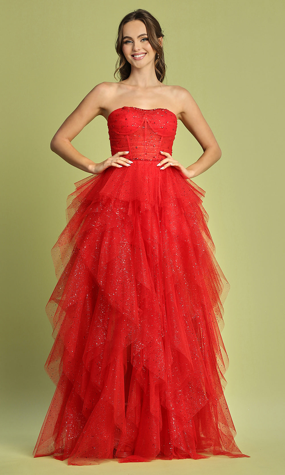 Adora Design 3210 - Semi-Sweetheart Ruffle A-Line Long Dress Prom Dresses in Red  