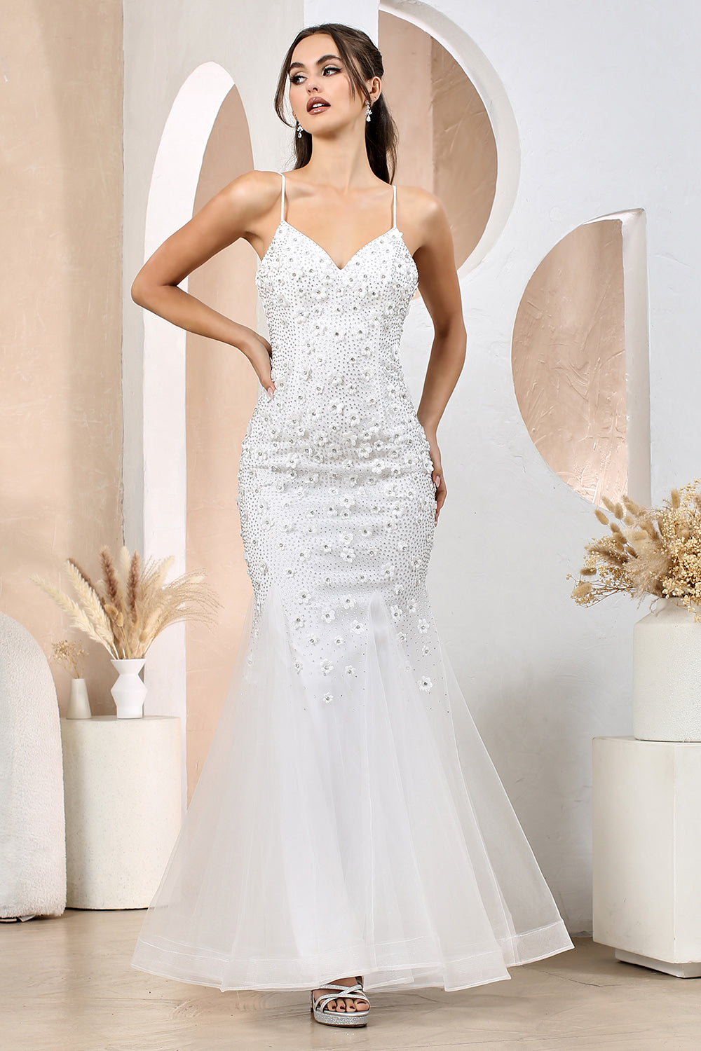 Adora Design 3212-01 - V-Neckline Floral Accent Long Dress Bridal Dresses in White  