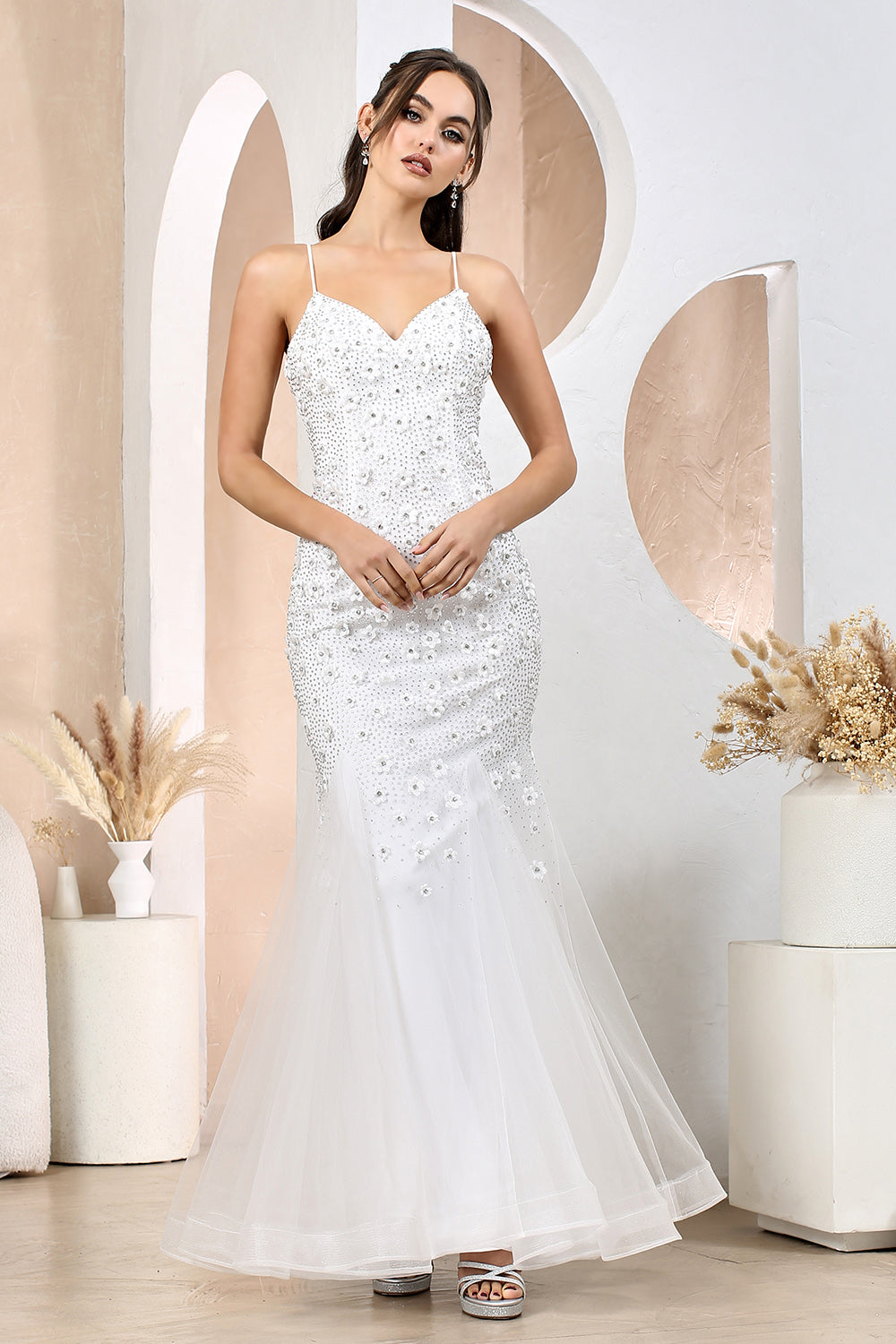 Adora Design 3212-01 - V-Neckline Floral Accent Long Dress Bridal Dresses in White  