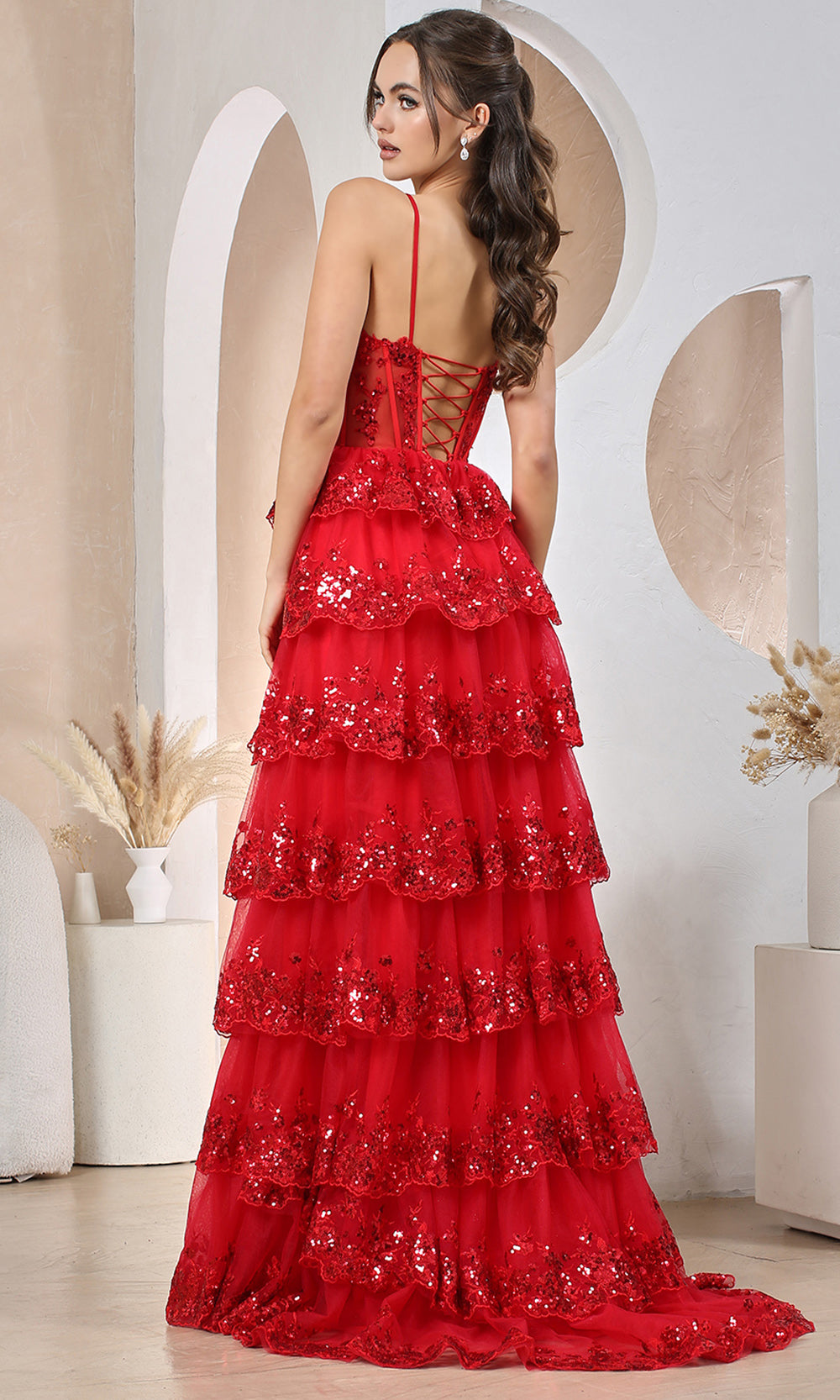 Adora Design 3218 - Sparkle Embellishment Tiered Long Dress Prom Dresses in Red  