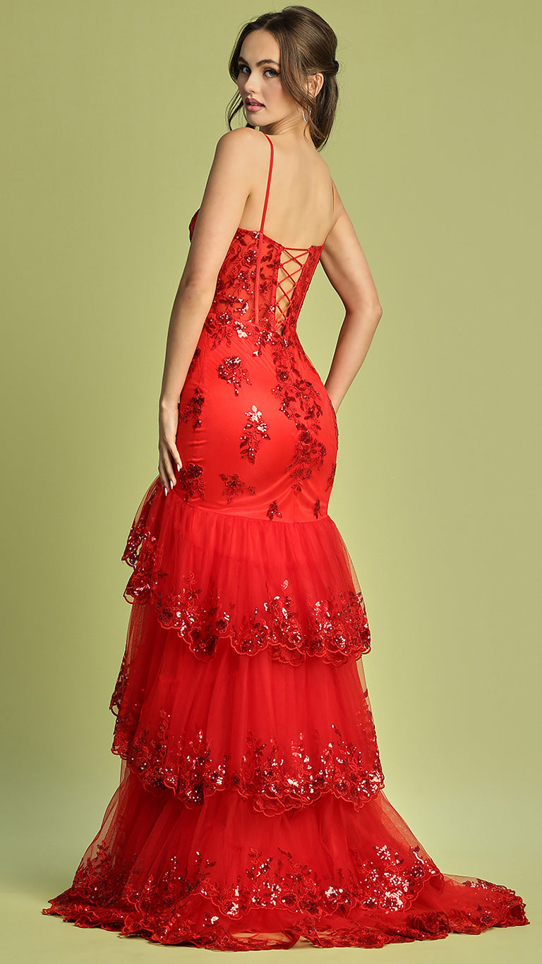 Adora Design 3221 - Scalloped Hem Floral Applique Prom Dress In Red